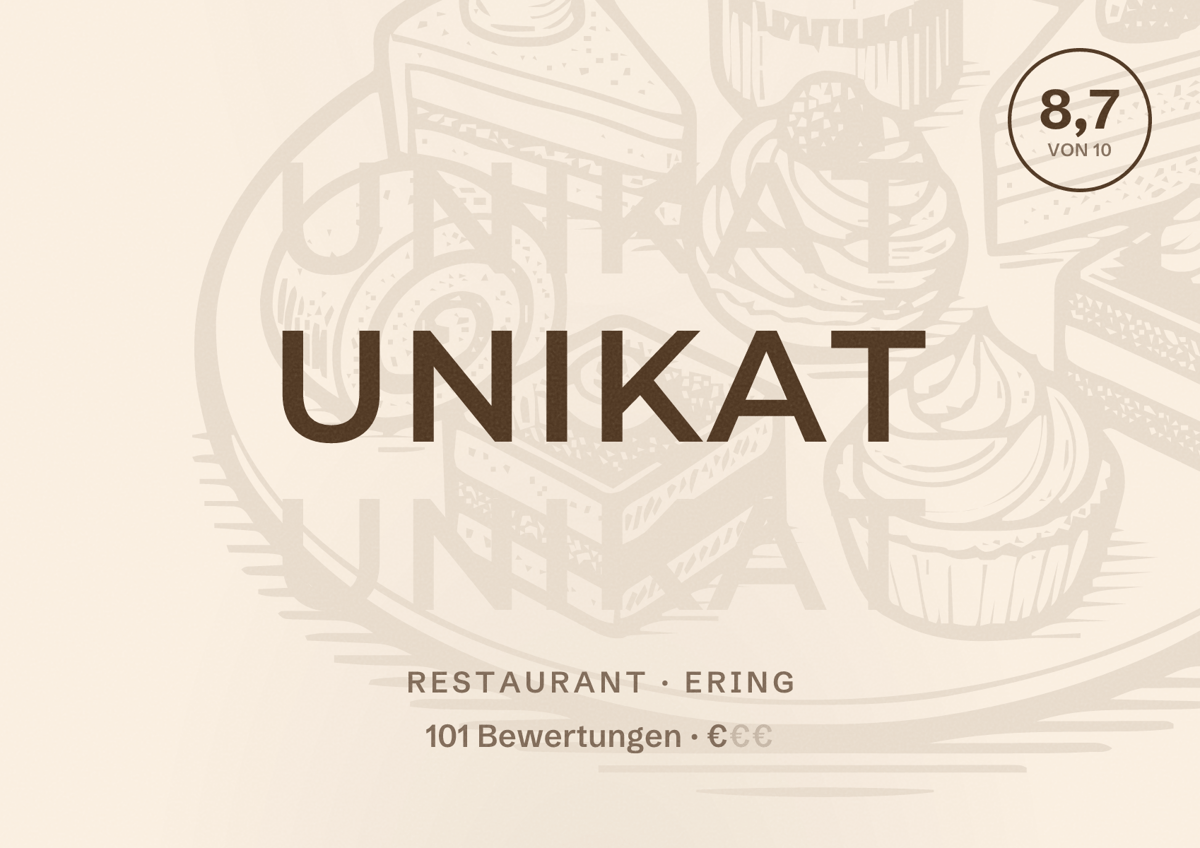 Illustriertes Poster von Unikat, Restaurant in Ering: Bewertung 8,7 von 10 aus 101 Bewertungen, Preisniveau €
