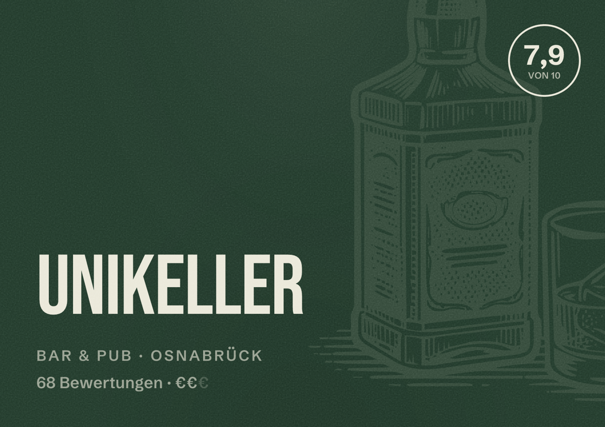 Illustriertes Poster von Unikeller, Bar & Pub in Osnabrück: Bewertung 7,9 von 10 aus 68 Bewertungen, Preisniveau €€