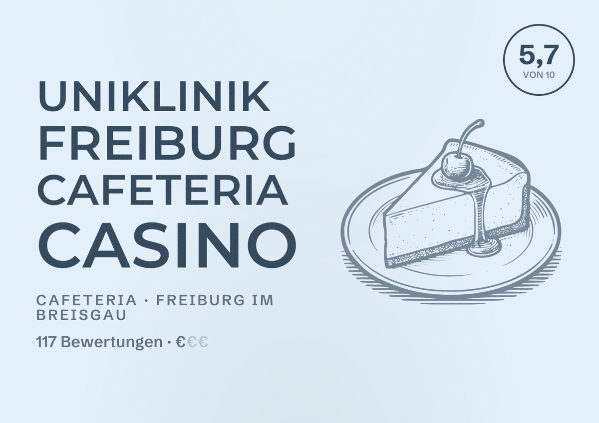 Illustriertes Poster von Uniklinik Freiburg Cafeteria Casino, Cafeteria in Freiburg im Breisgau: Bewertung 5,7 von 10 aus 117 Bewertungen, Preisniveau €