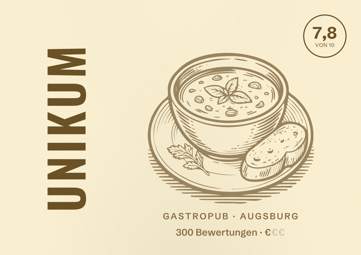 Illustriertes Poster von Unikum, Gastropub in Augsburg: Bewertung 7,8 von 10 aus 300 Bewertungen, Preisniveau €
