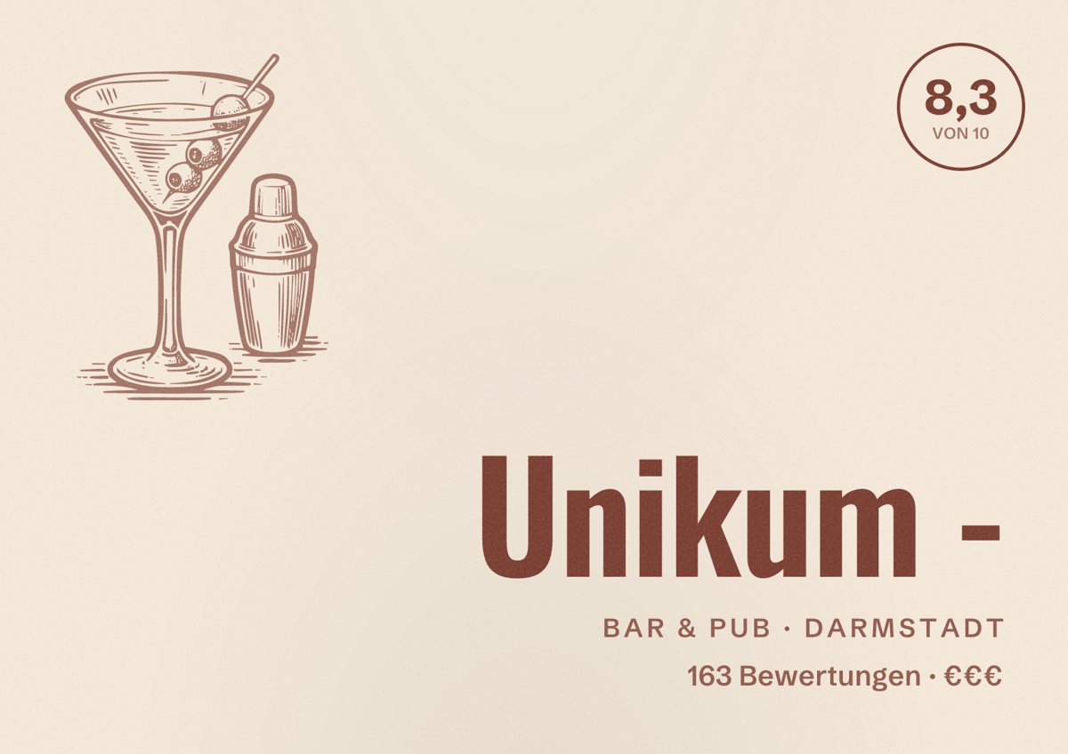 Illustriertes Poster von Unikum -, Bar & Pub in Darmstadt: Bewertung 8,3 von 10 aus 163 Bewertungen, Preisniveau €€€