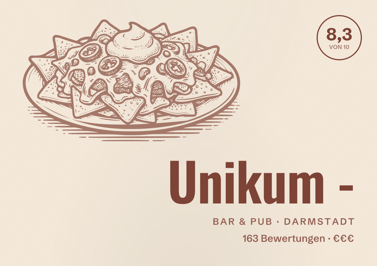Illustriertes Poster von Unikum -, Bar & Pub in Darmstadt: Bewertung 8,3 von 10 aus 163 Bewertungen, Preisniveau €€€
