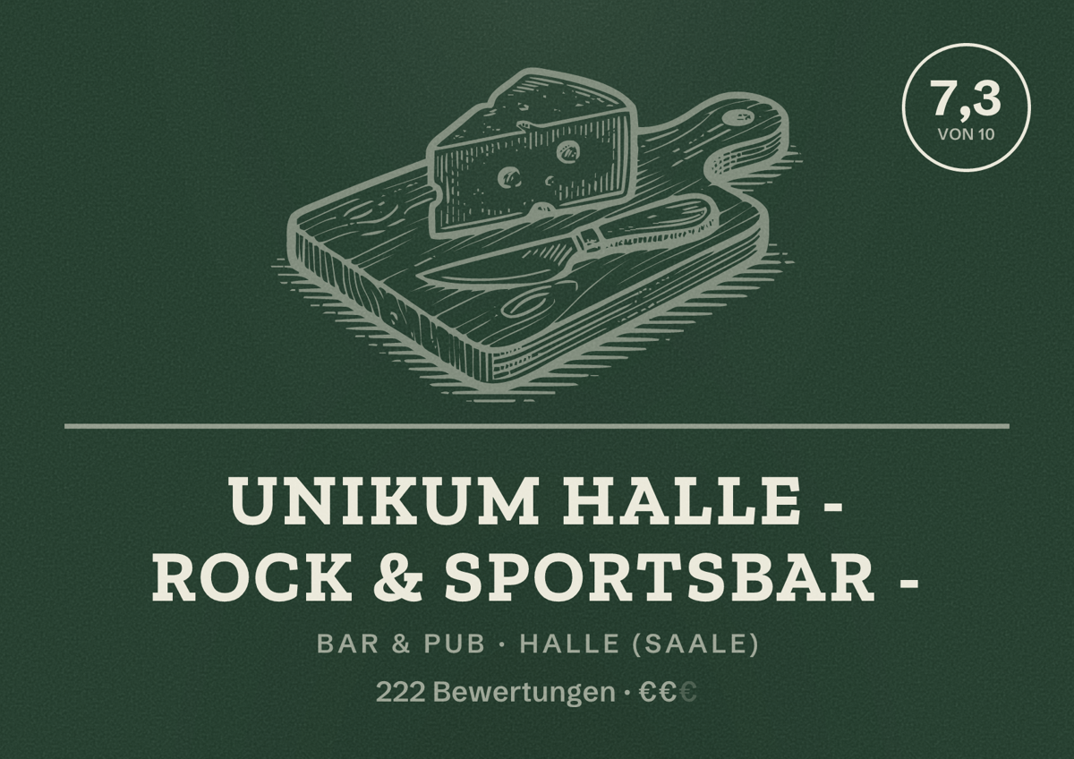 Illustriertes Poster von UNIKUM HALLE - ROCK & SPORTSBAR -, Bar & Pub in Halle (Saale): Bewertung 7,3 von 10 aus 222 Bewertungen, Preisniveau €€