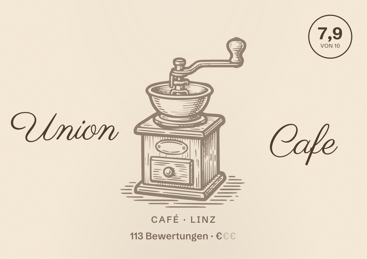 Illustriertes Poster von Union Cafe, Café in Linz: Bewertung 7,9 von 10 aus 113 Bewertungen, Preisniveau €