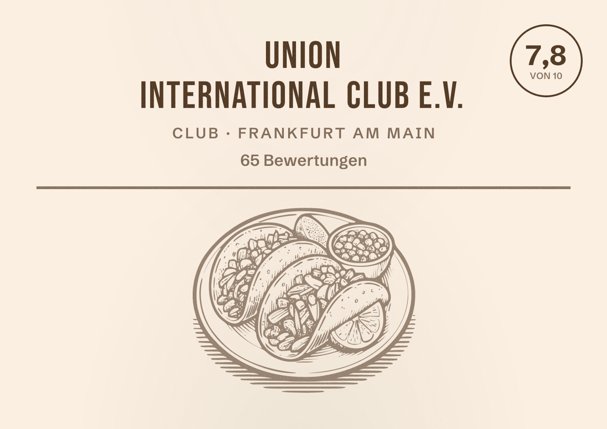 Illustriertes Poster von Union International Club e.V., Club in Frankfurt am Main: Bewertung 7,8 von 10 aus 65 Bewertungen