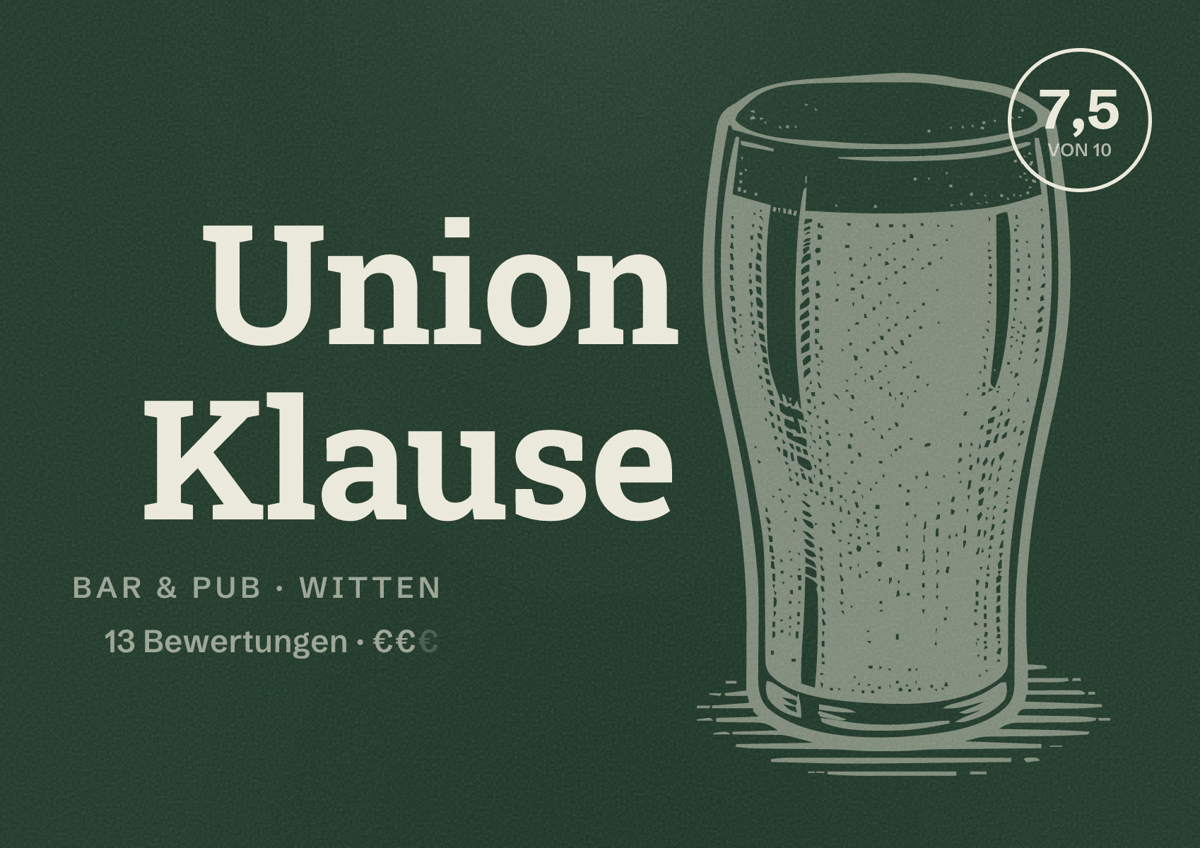 Illustriertes Poster von Union Klause, Bar & Pub in Witten: Gästebewertung 7,5 von 10 aus 13 Bewertungen