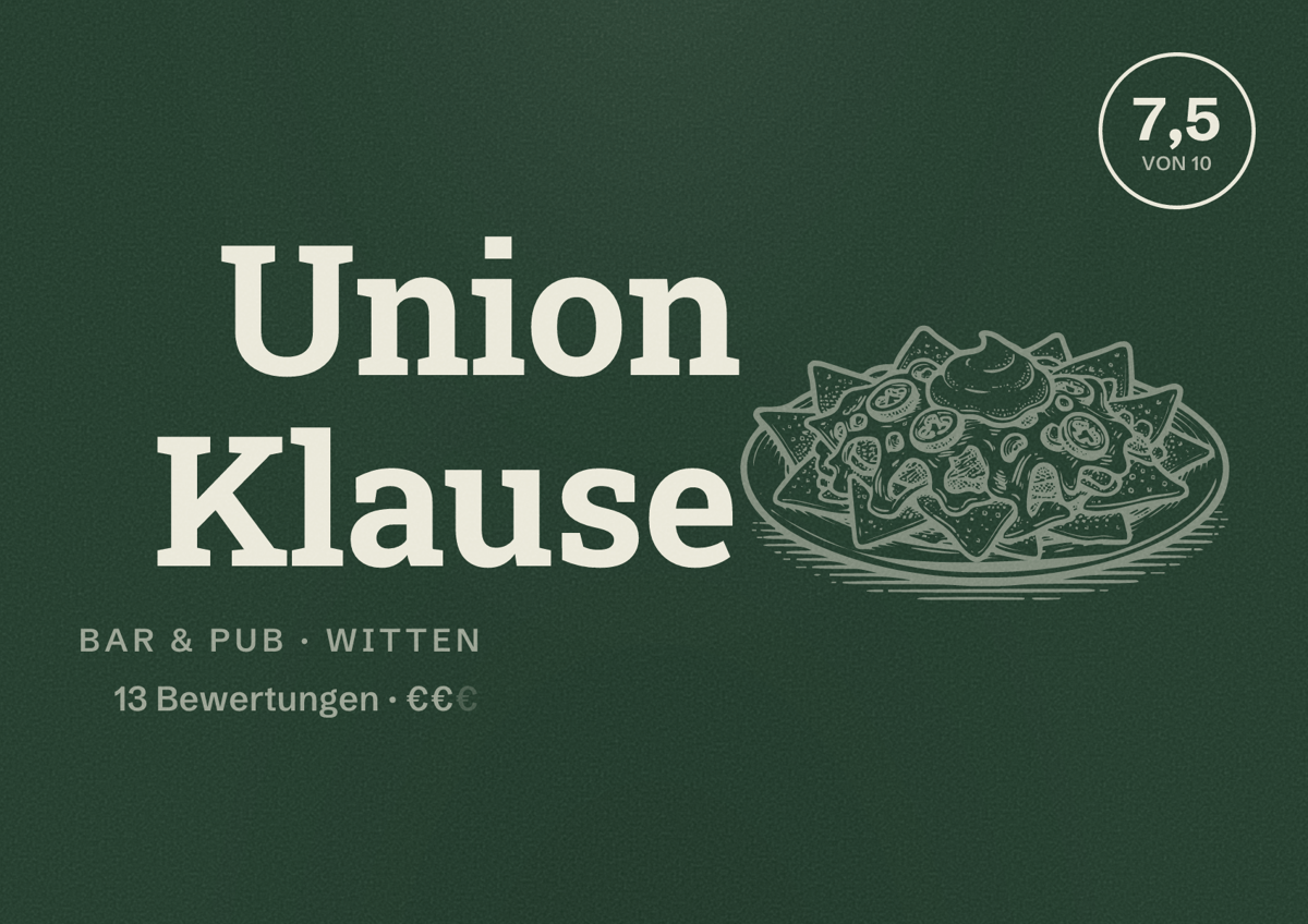 Illustriertes Poster von Union Klause, Bar & Pub in Witten: Bewertung 7,5 von 10 aus 13 Bewertungen, Preisniveau €€