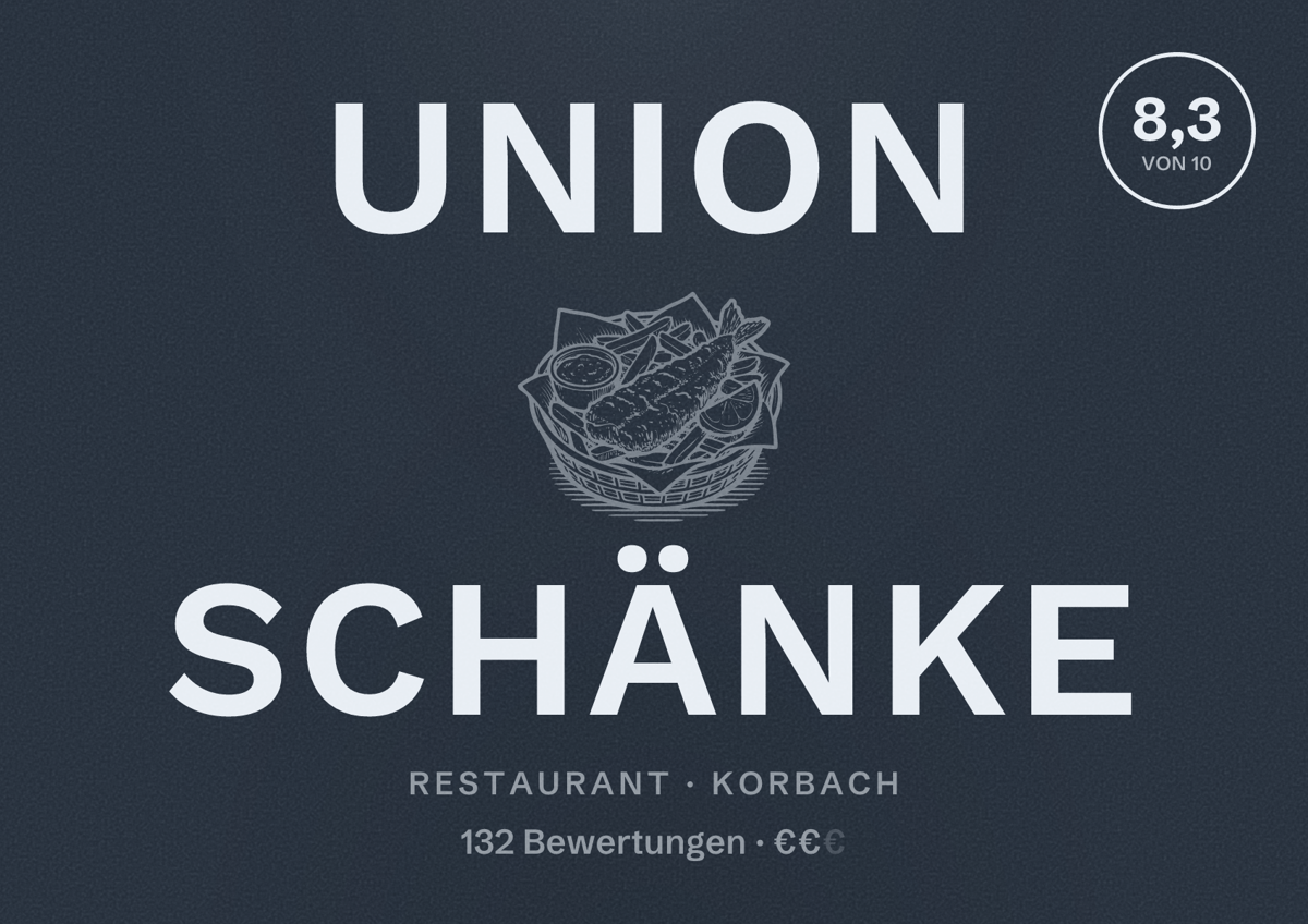 Illustriertes Poster von Union Schänke, Restaurant in Korbach: Bewertung 8,3 von 10 aus 132 Bewertungen, Preisniveau €€
