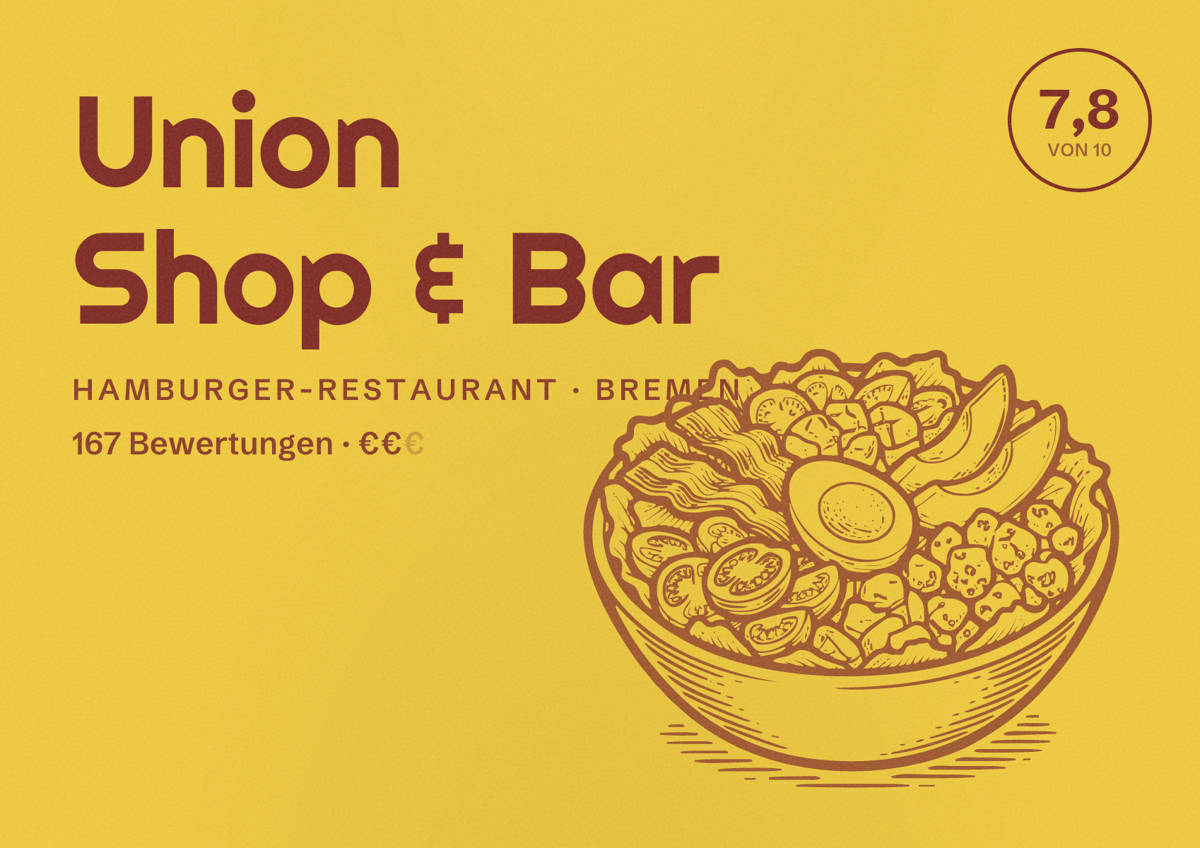 Illustriertes Poster von Union Shop & Bar, Hamburger-Restaurant in Bremen: Bewertung 7,8 von 10 aus 167 Bewertungen, Preisniveau €€