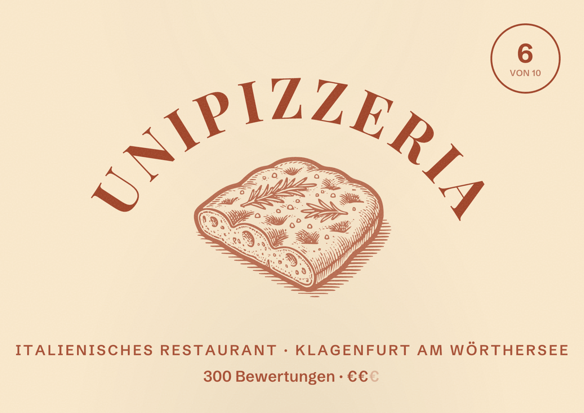 Illustriertes Poster von UniPizzeria, Italienisches Restaurant in Klagenfurt am Wörthersee: Bewertung 6 von 10 aus 300 Bewertungen, Preisniveau €€