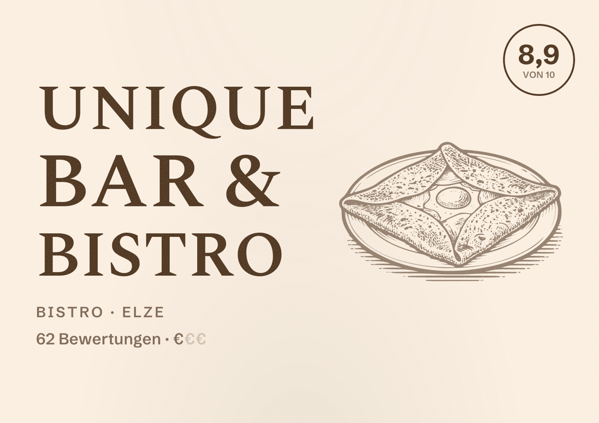 Illustriertes Poster von Unique Bar & Bistro, Bistro in Elze: Bewertung 8,9 von 10 aus 62 Bewertungen, Preisniveau €