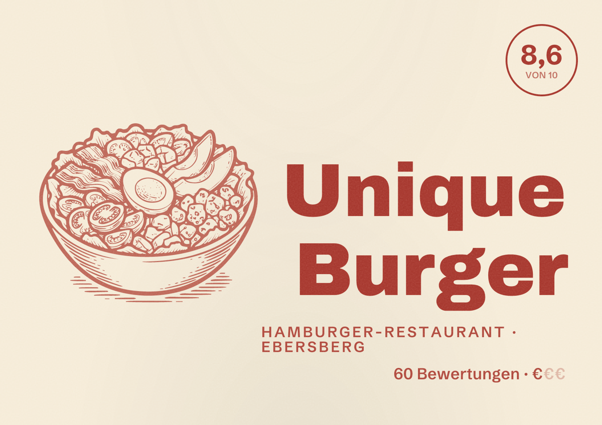 Illustriertes Poster von Unique Burger, Hamburger-Restaurant in Ebersberg: Bewertung 8,6 von 10 aus 60 Bewertungen, Preisniveau €