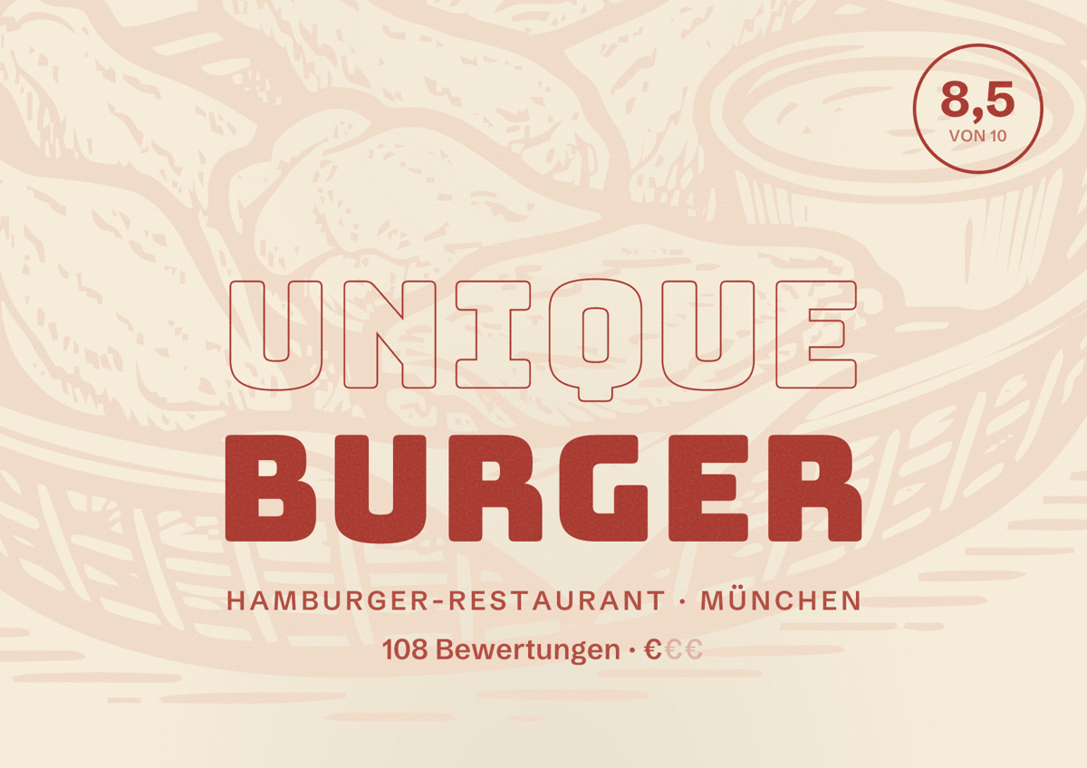 Illustriertes Poster von Unique Burger, Hamburger-Restaurant in München: Bewertung 8,5 von 10 aus 108 Bewertungen, Preisniveau €
