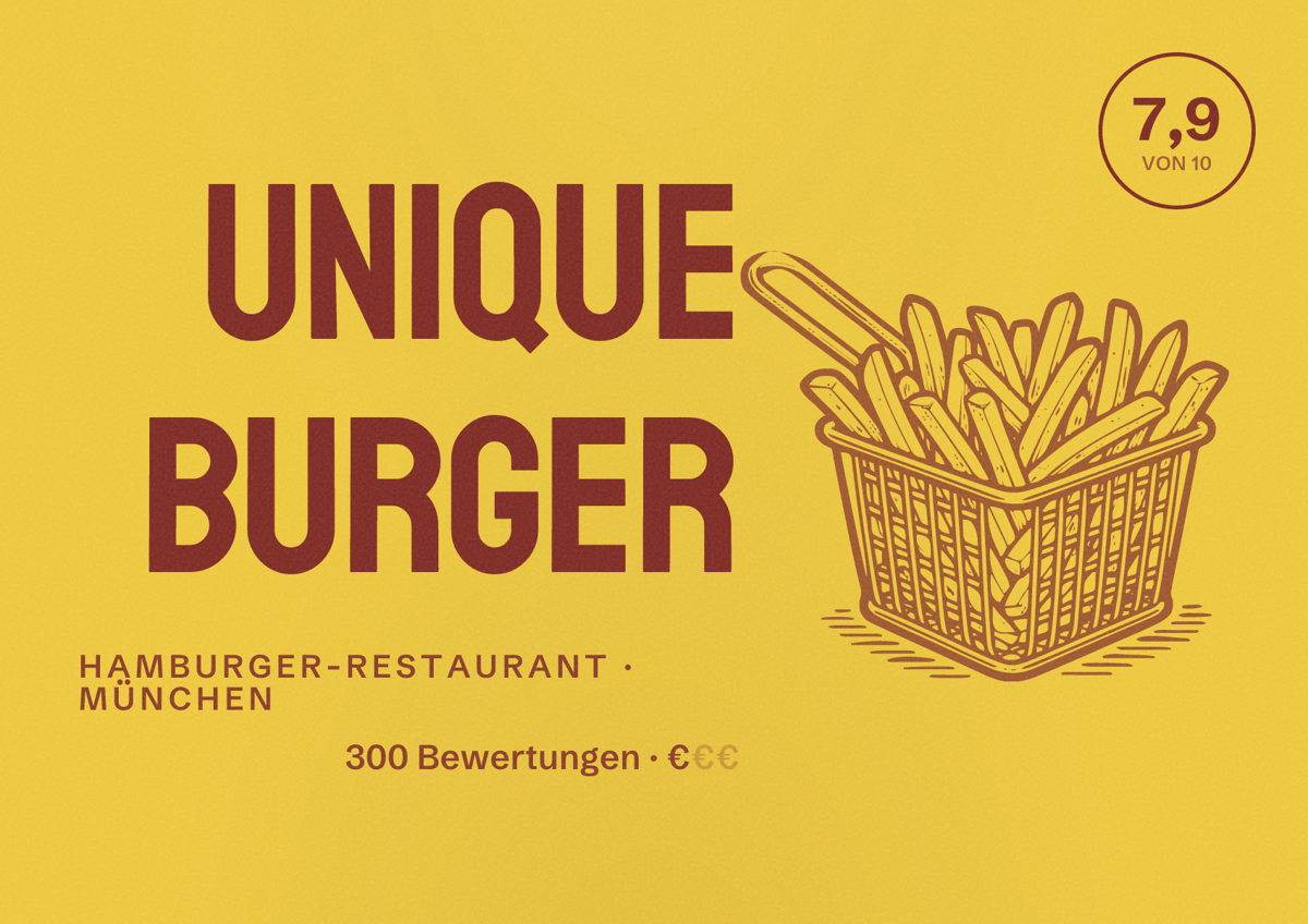 Illustriertes Poster von Unique Burger, Hamburger-Restaurant in München: Bewertung 7,9 von 10 aus 300 Bewertungen, Preisniveau €