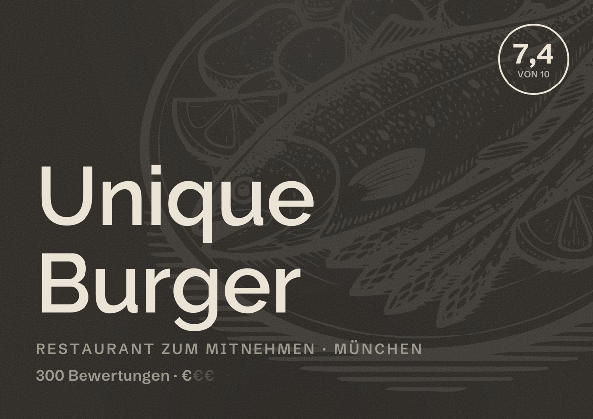 Illustriertes Poster von Unique Burger, Restaurant zum Mitnehmen in München: Bewertung 7,4 von 10 aus 300 Bewertungen, Preisniveau €