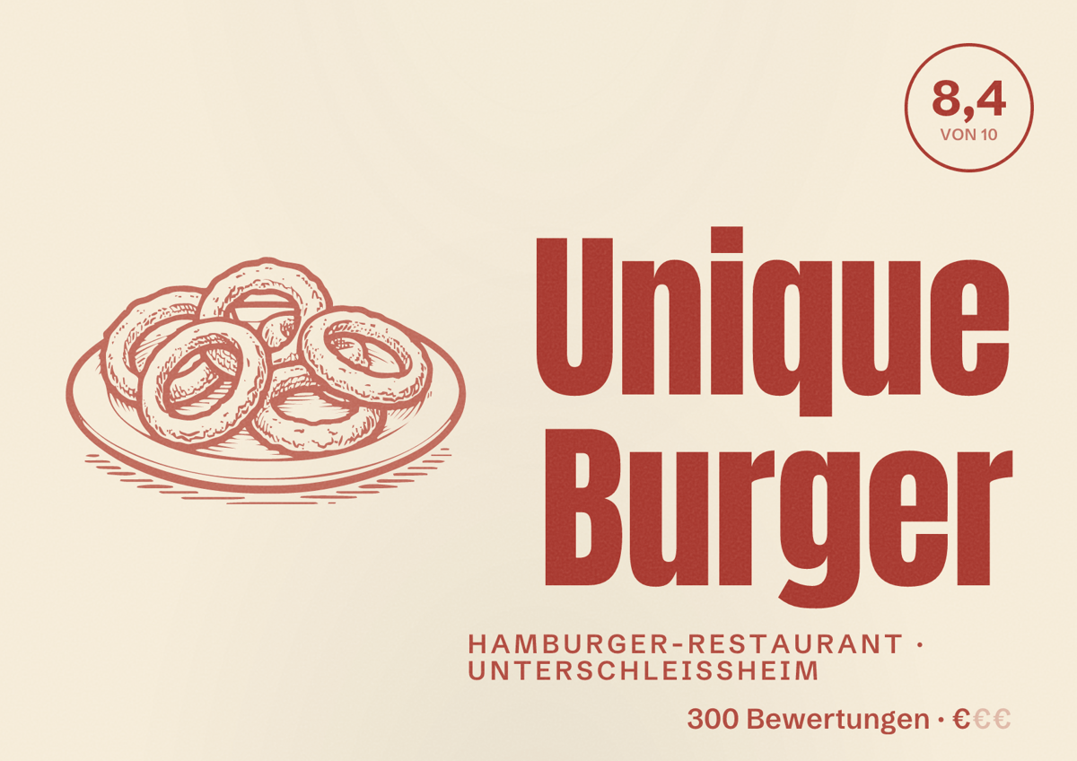 Illustriertes Poster von Unique Burger, Hamburger-Restaurant in Unterschleißheim: Bewertung 8,4 von 10 aus 300 Bewertungen, Preisniveau €