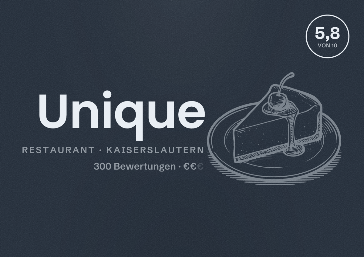 Illustriertes Poster von Unique, Restaurant in Kaiserslautern: Bewertung 5,8 von 10 aus 300 Bewertungen, Preisniveau €€