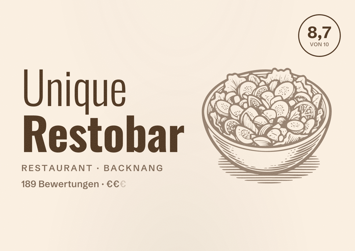 Illustriertes Poster von Unique Restobar, Restaurant in Backnang: Bewertung 8,7 von 10 aus 189 Bewertungen, Preisniveau €€
