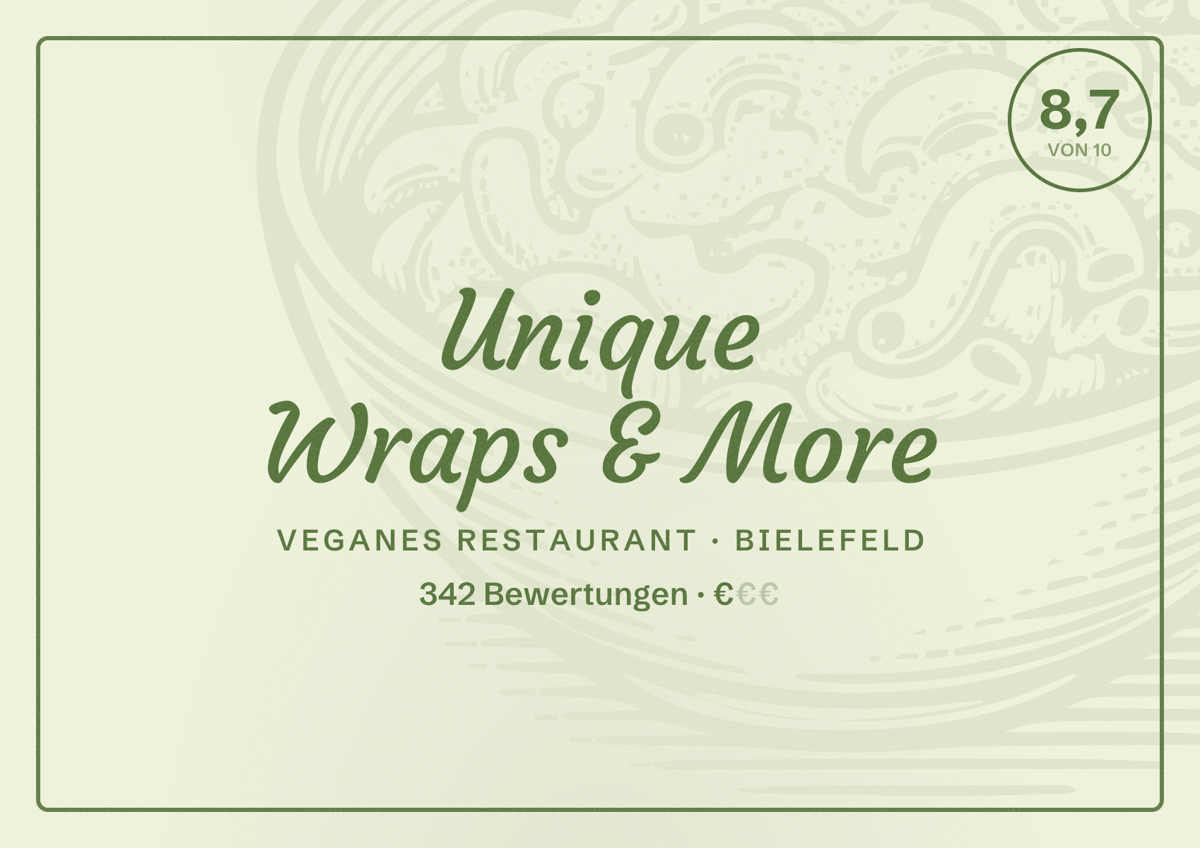 Illustriertes Poster von Unique Wraps & More, Veganes Restaurant in Bielefeld: Bewertung 8,7 von 10 aus 342 Bewertungen, Preisniveau €