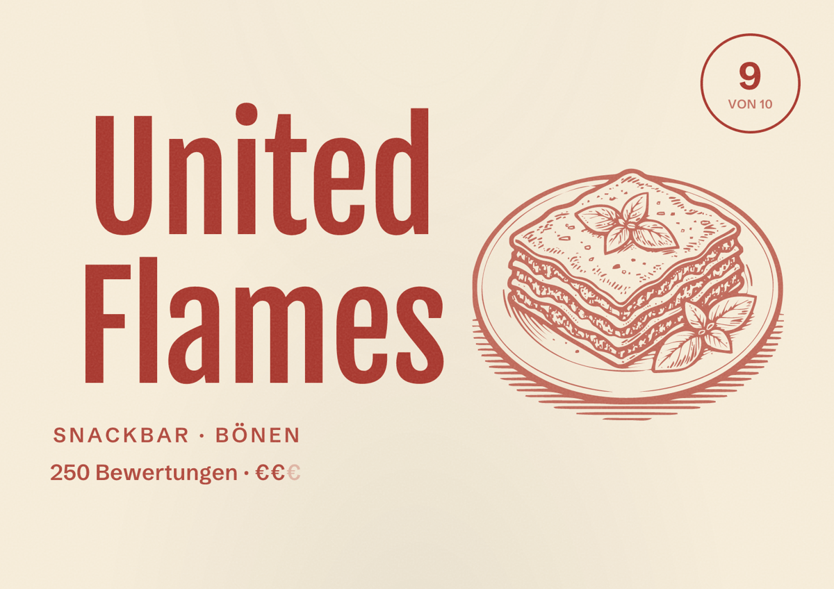 Illustriertes Poster von United Flames, Snackbar in Bönen: Bewertung 9 von 10 aus 250 Bewertungen, Preisniveau €€