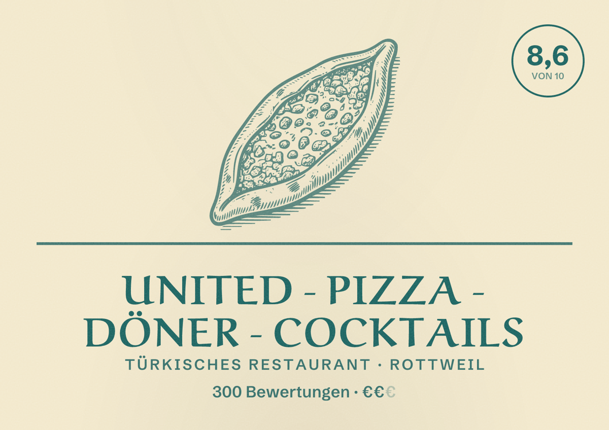 Illustriertes Poster von United - Pizza - Döner - Cocktails, Türkisches Restaurant in Rottweil: Bewertung 8,6 von 10 aus 300 Bewertungen, Preisniveau €€