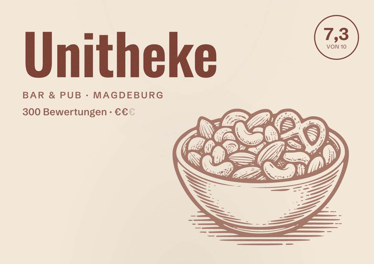 Illustriertes Poster von Unitheke, Bar & Pub in Magdeburg: Bewertung 7,3 von 10 aus 300 Bewertungen, Preisniveau €€