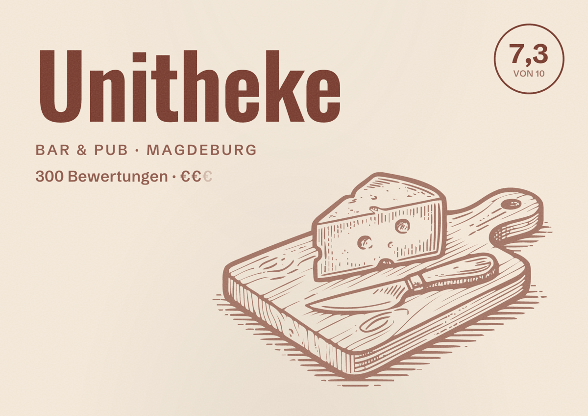 Illustriertes Poster von Unitheke, Bar & Pub in Magdeburg: Bewertung 7,3 von 10 aus 300 Bewertungen, Preisniveau €€