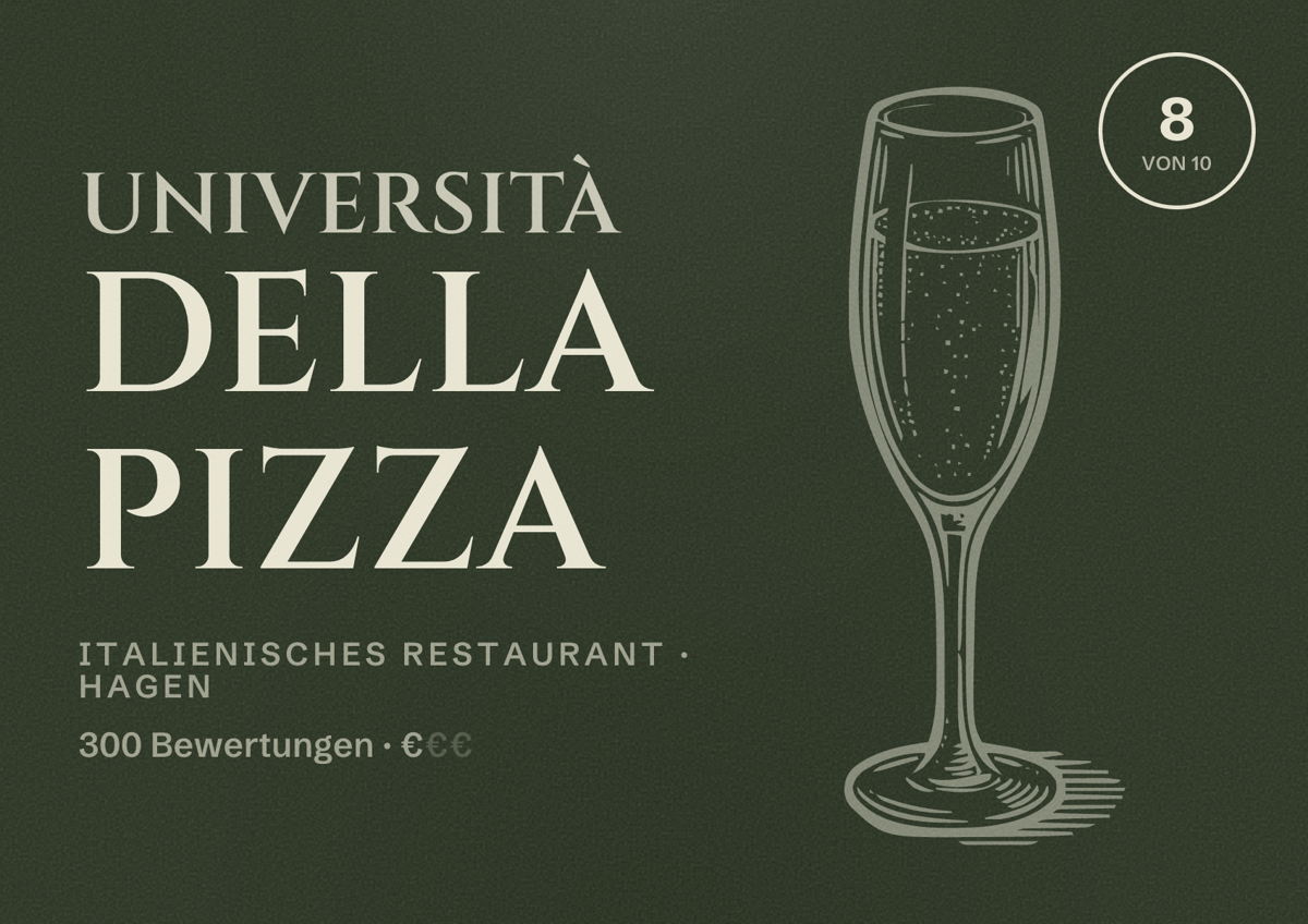 Illustriertes Poster von Università della Pizza, Italienisches Restaurant in Hagen: Bewertung 8 von 10 aus 300 Bewertungen, Preisniveau €