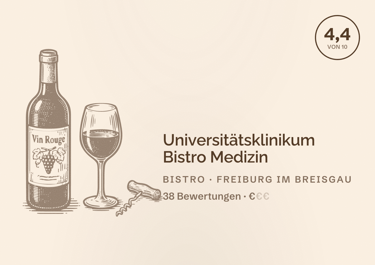 Illustriertes Poster von Universitätsklinikum Bistro Medizin, Bistro in Freiburg im Breisgau: Bewertung 4,4 von 10 aus 38 Bewertungen, Preisniveau €