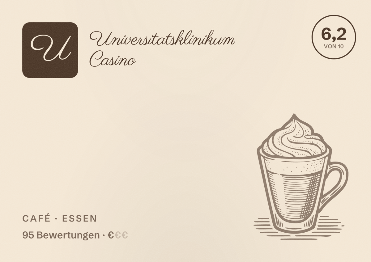 Illustriertes Poster von Universitatsklinikum Casino, Café in Essen: Bewertung 6,2 von 10 aus 95 Bewertungen, Preisniveau €