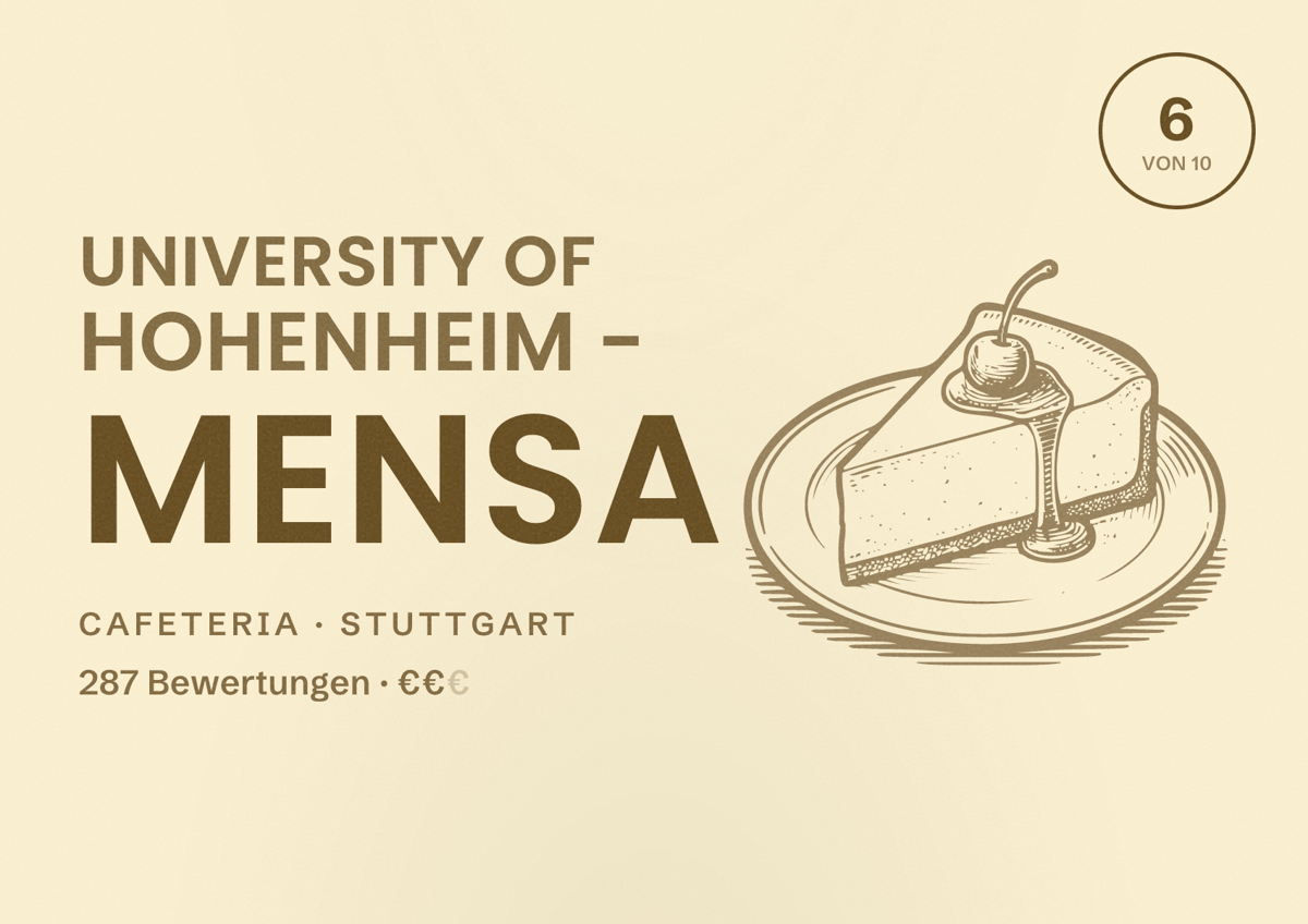 Illustriertes Poster von University of Hohenheim - Mensa, Cafeteria in Stuttgart: Bewertung 6,0 von 10 aus 287 Bewertungen, Preisniveau €€