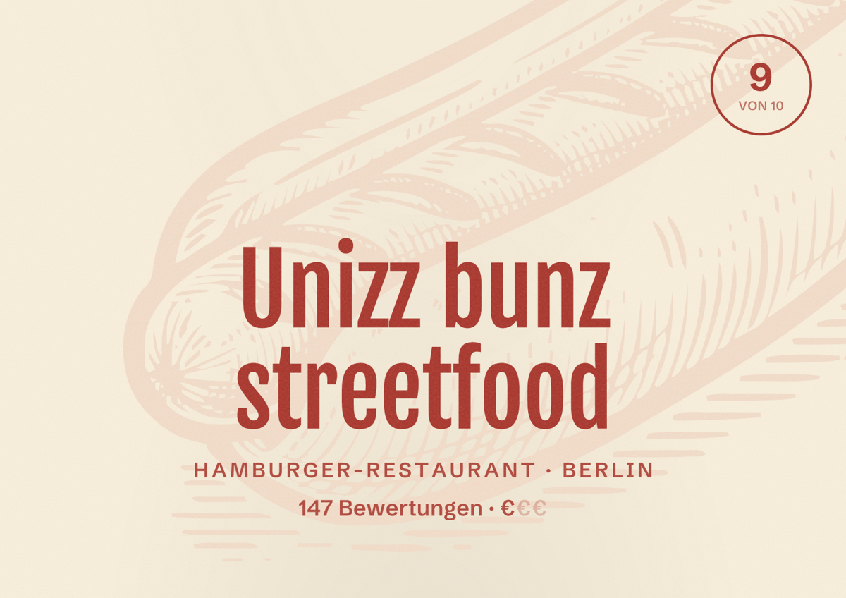 Illustriertes Poster von Unizz bunz streetfood, Hamburger-Restaurant in Berlin: Bewertung 9,0 von 10 aus 147 Bewertungen, Preisniveau €