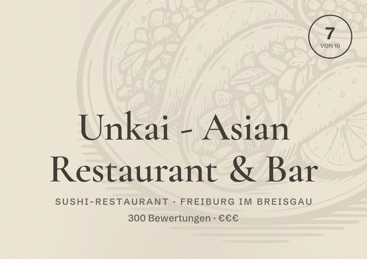 Illustriertes Poster von Unkai - Asian Restaurant & Bar, Sushi-Restaurant in Freiburg im Breisgau: Bewertung 7,0 von 10 aus 300 Bewertungen, Preisniveau €€€
