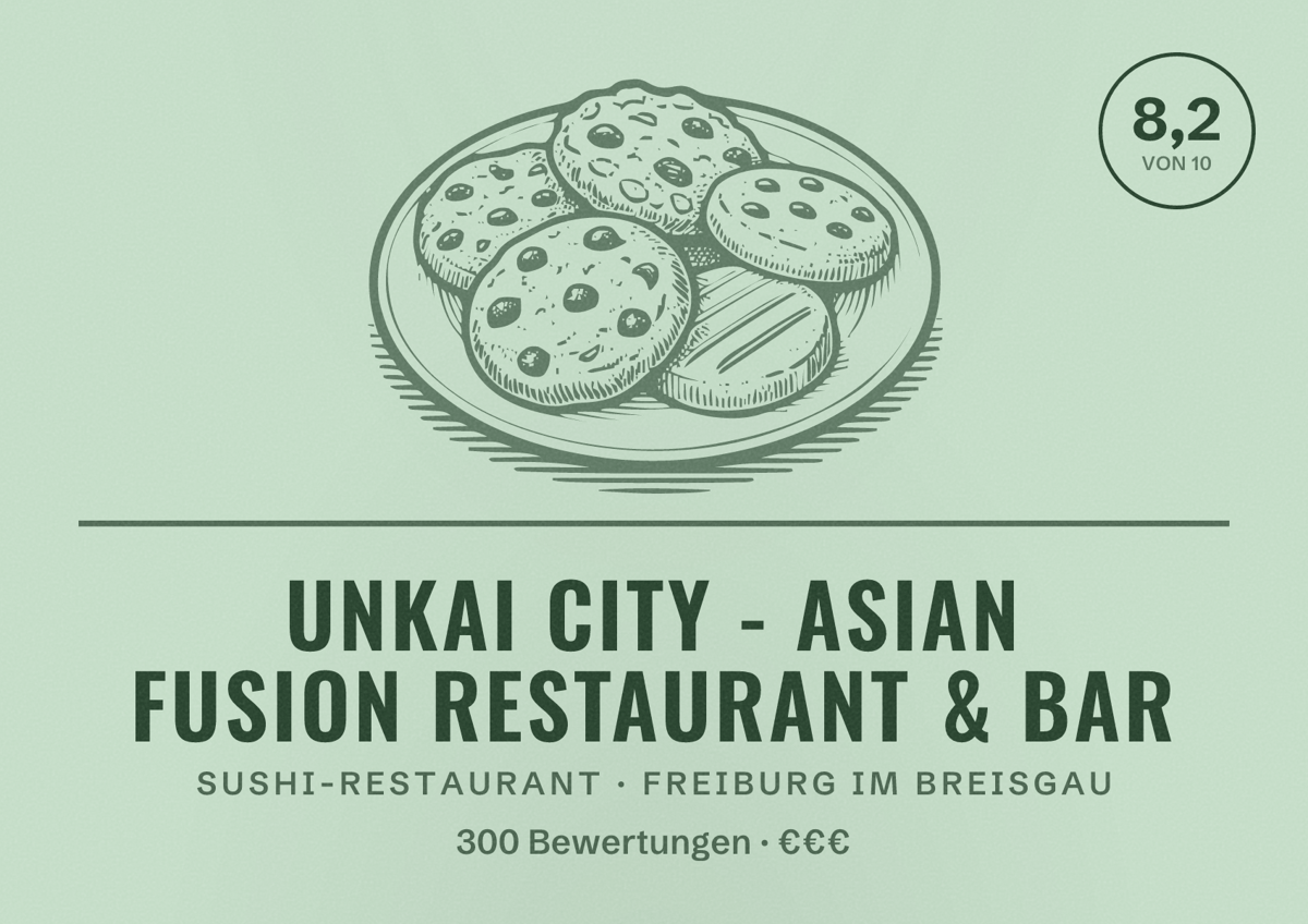 Illustriertes Poster von Unkai City - Asian Fusion Restaurant & Bar, Sushi-Restaurant in Freiburg im Breisgau: Bewertung 8,2 von 10 aus 300 Bewertungen, Preisniveau €€€