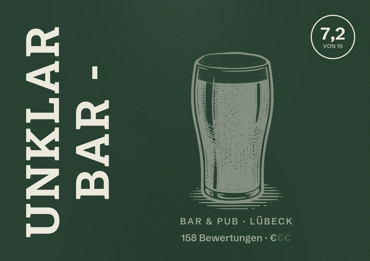 Illustriertes Poster von Unklar Bar -, Bar & Pub in Lübeck: Bewertung 7,2 von 10 aus 158 Bewertungen, Preisniveau €