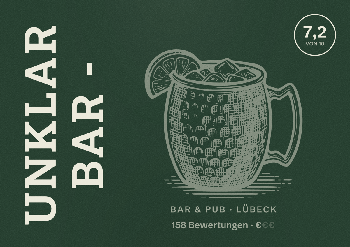Illustriertes Poster von Unklar Bar -, Bar & Pub in Lübeck: Bewertung 7,2 von 10 aus 158 Bewertungen, Preisniveau €