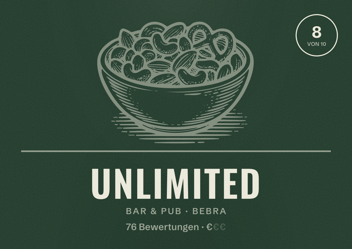 Illustriertes Poster von Unlimited, Bar & Pub in Bebra: Bewertung 8 von 10 aus 76 Bewertungen, Preisniveau €