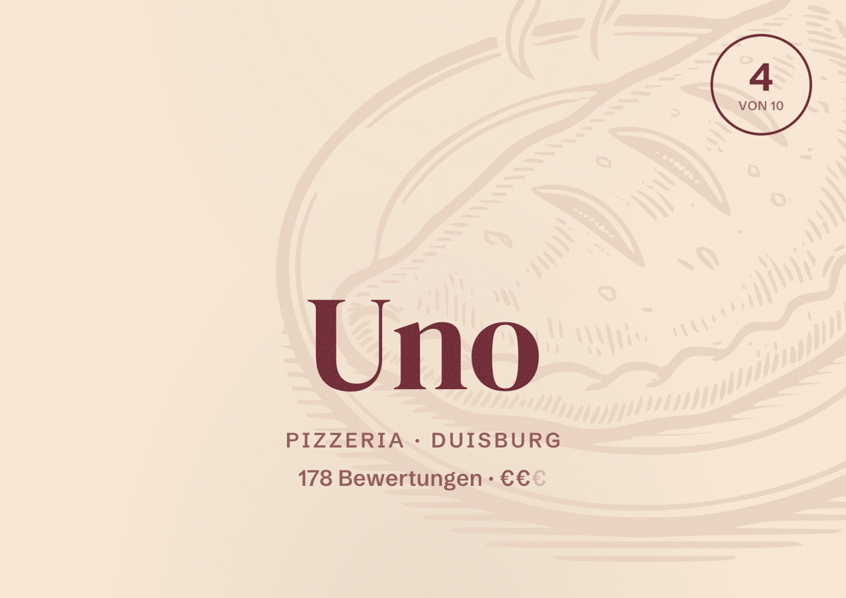 Illustriertes Poster von Uno, Pizzeria in Duisburg: Bewertung 4 von 10 aus 178 Bewertungen, Preisniveau €€