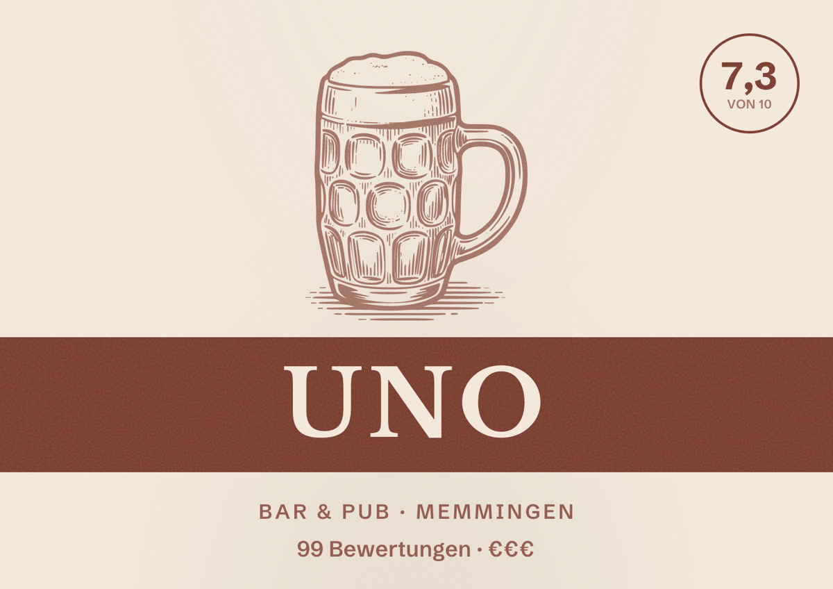 Illustriertes Poster von Uno, Bar & Pub in Memmingen: Bewertung 7,3 von 10 aus 99 Bewertungen, Preisniveau €€€