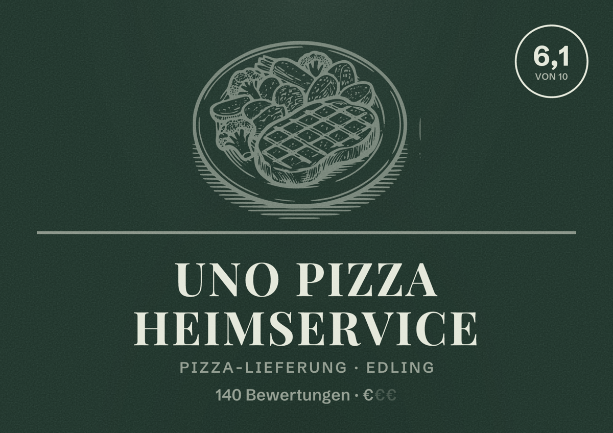 Illustriertes Poster von Uno Pizza Heimservice, Pizza-Lieferung in Edling: Bewertung 6,1 von 10 aus 140 Bewertungen, Preisniveau €