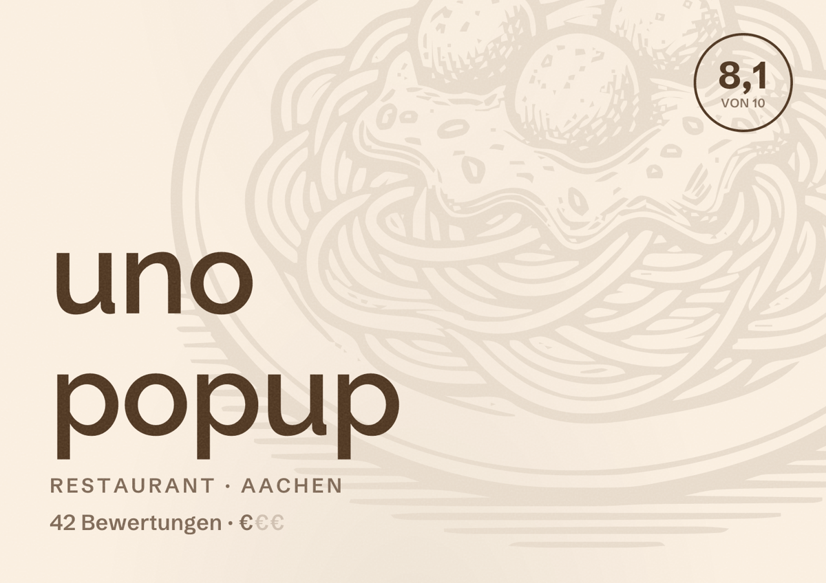 Illustriertes Poster von uno popup, Restaurant in Aachen: Bewertung 8,1 von 10 aus 42 Bewertungen, Preisniveau €