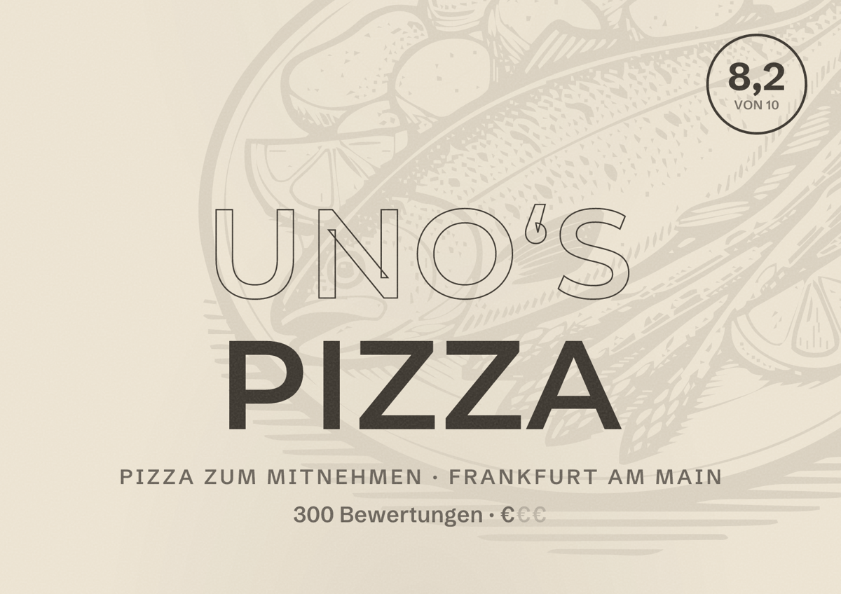 Illustriertes Poster von Uno‘s Pizza, Pizza zum Mitnehmen in Frankfurt am Main: Bewertung 8,2 von 10 aus 300 Bewertungen, Preisniveau €