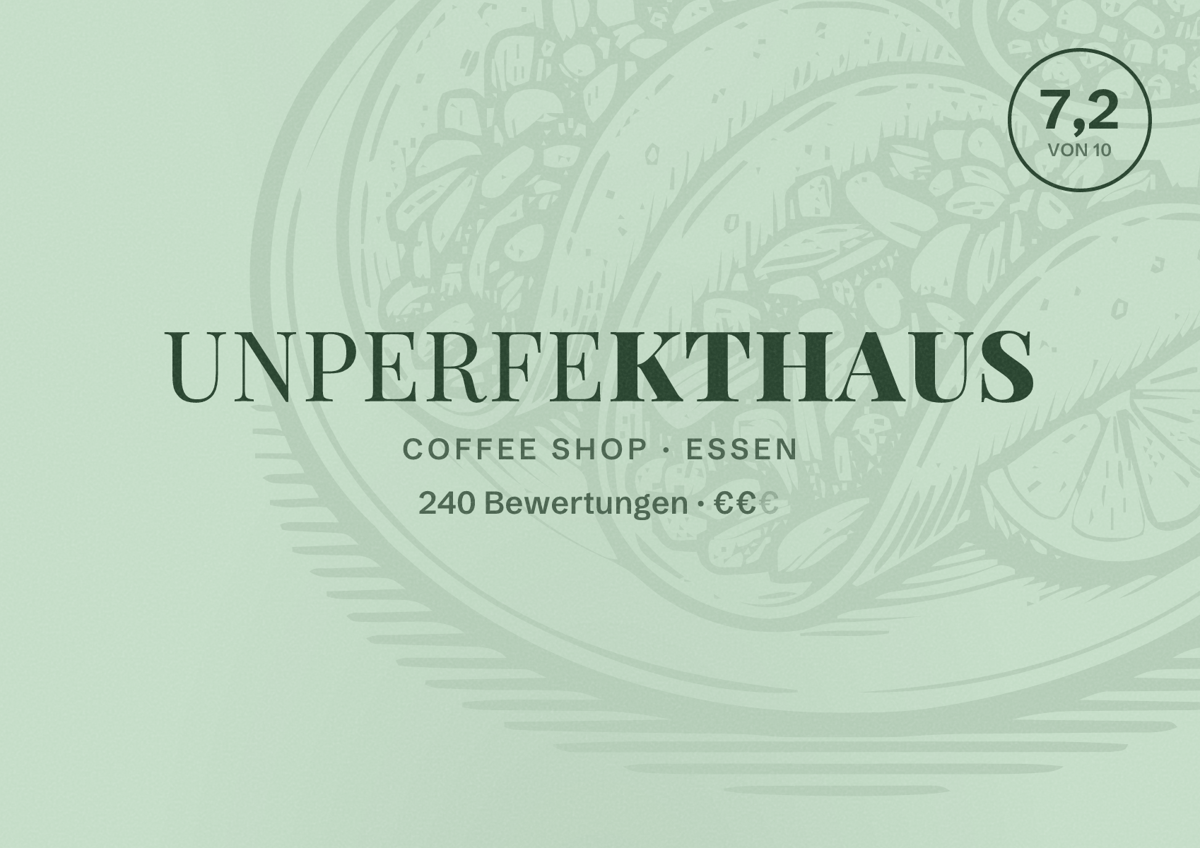 Illustriertes Poster von Unperfekthaus, Coffee Shop in Essen: Bewertung 7,2 von 10 aus 240 Bewertungen, Preisniveau €€