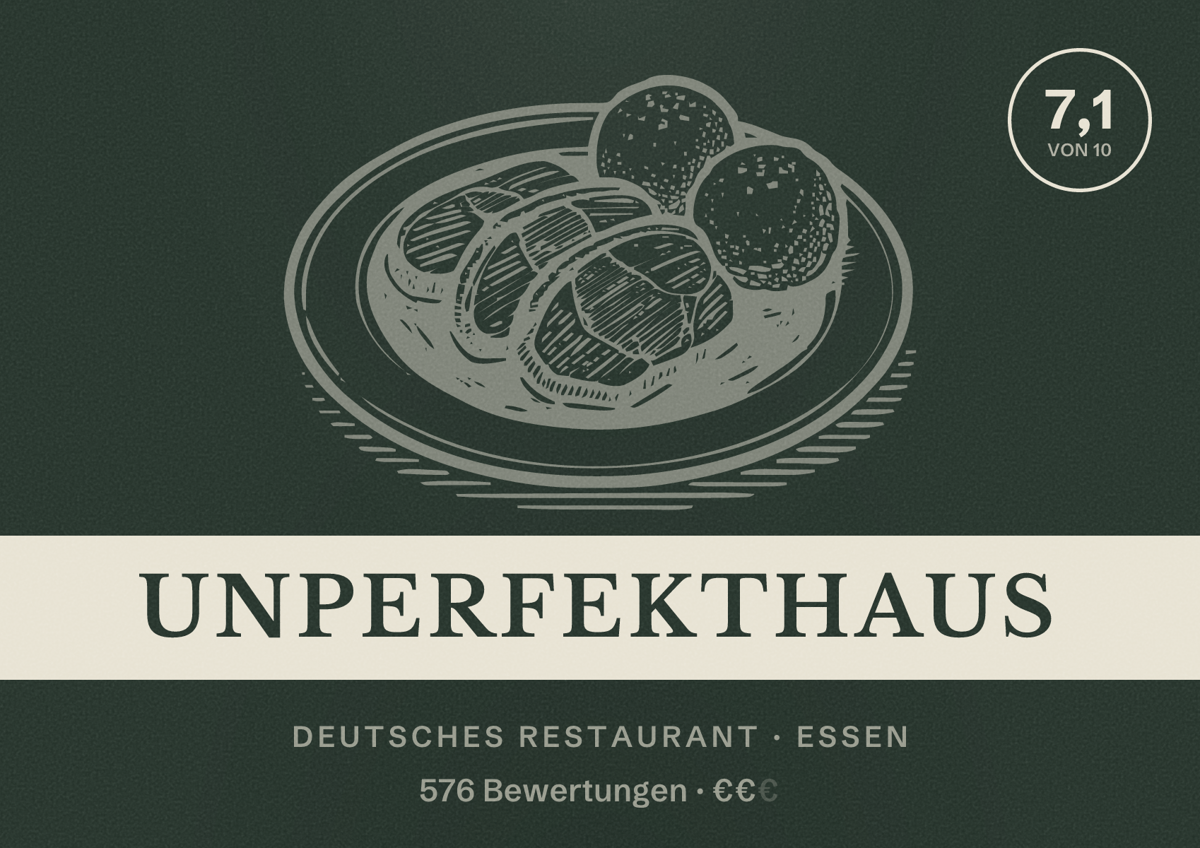Illustriertes Poster von Unperfekthaus, Deutsches Restaurant in Essen: Bewertung 7,1 von 10 aus 576 Bewertungen, Preisniveau €€