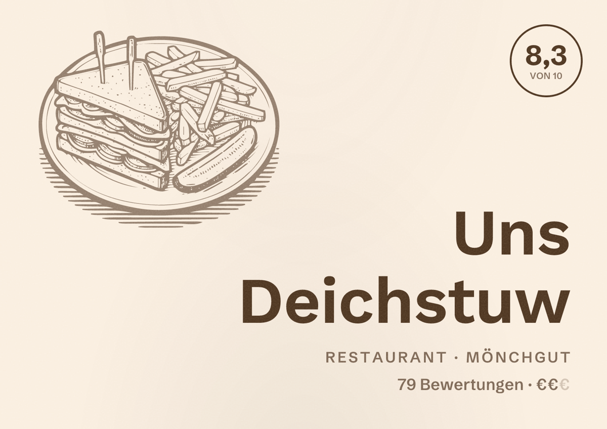 Illustriertes Poster von Uns Deichstuw, Restaurant in Mönchgut: Bewertung 8,3 von 10 aus 79 Bewertungen, Preisniveau €€