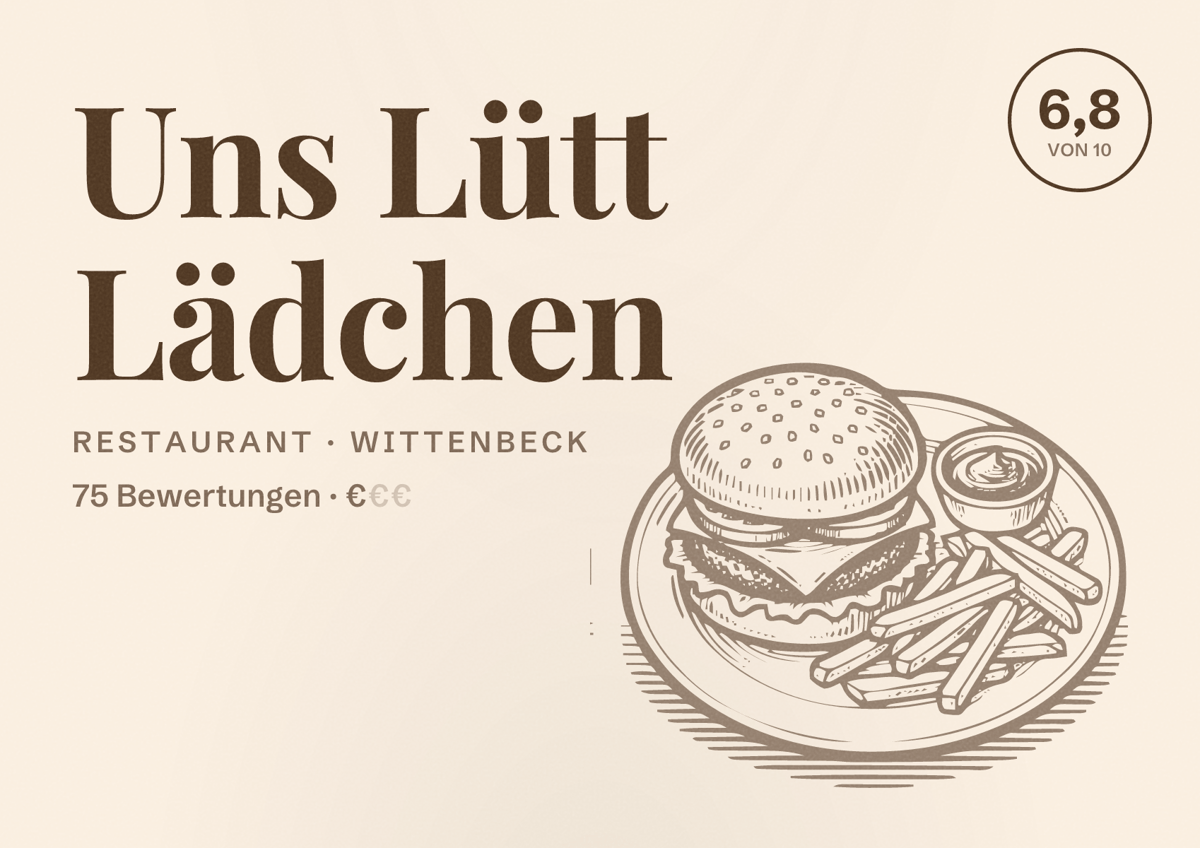 Illustriertes Poster von Uns Lütt Lädchen, Restaurant in Wittenbeck: Bewertung 6,8 von 10 aus 75 Bewertungen, Preisniveau €