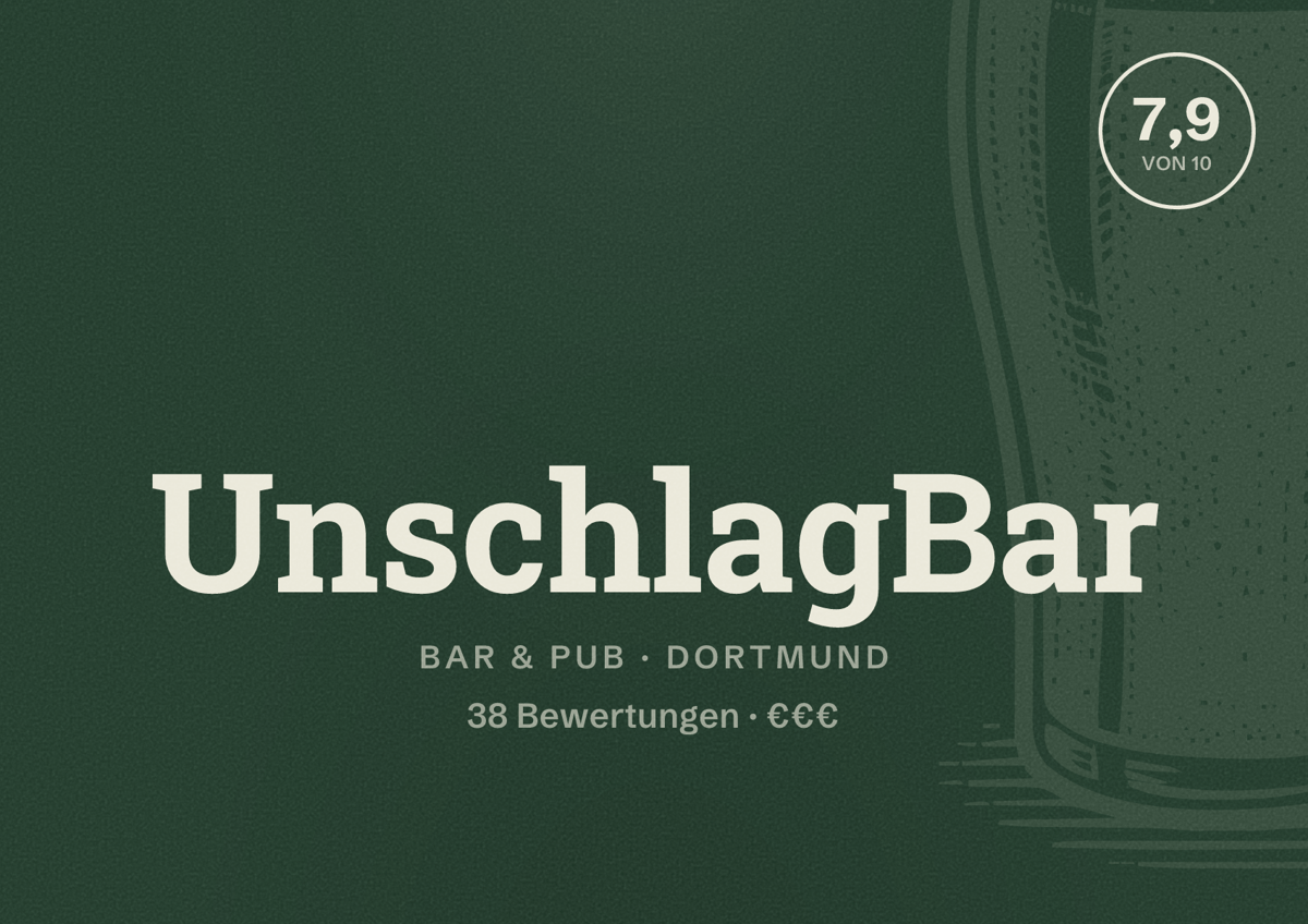 Illustriertes Poster von UnschlagBar, Bar & Pub in Dortmund: Bewertung 7,9 von 10 aus 38 Bewertungen, Preisniveau €€€