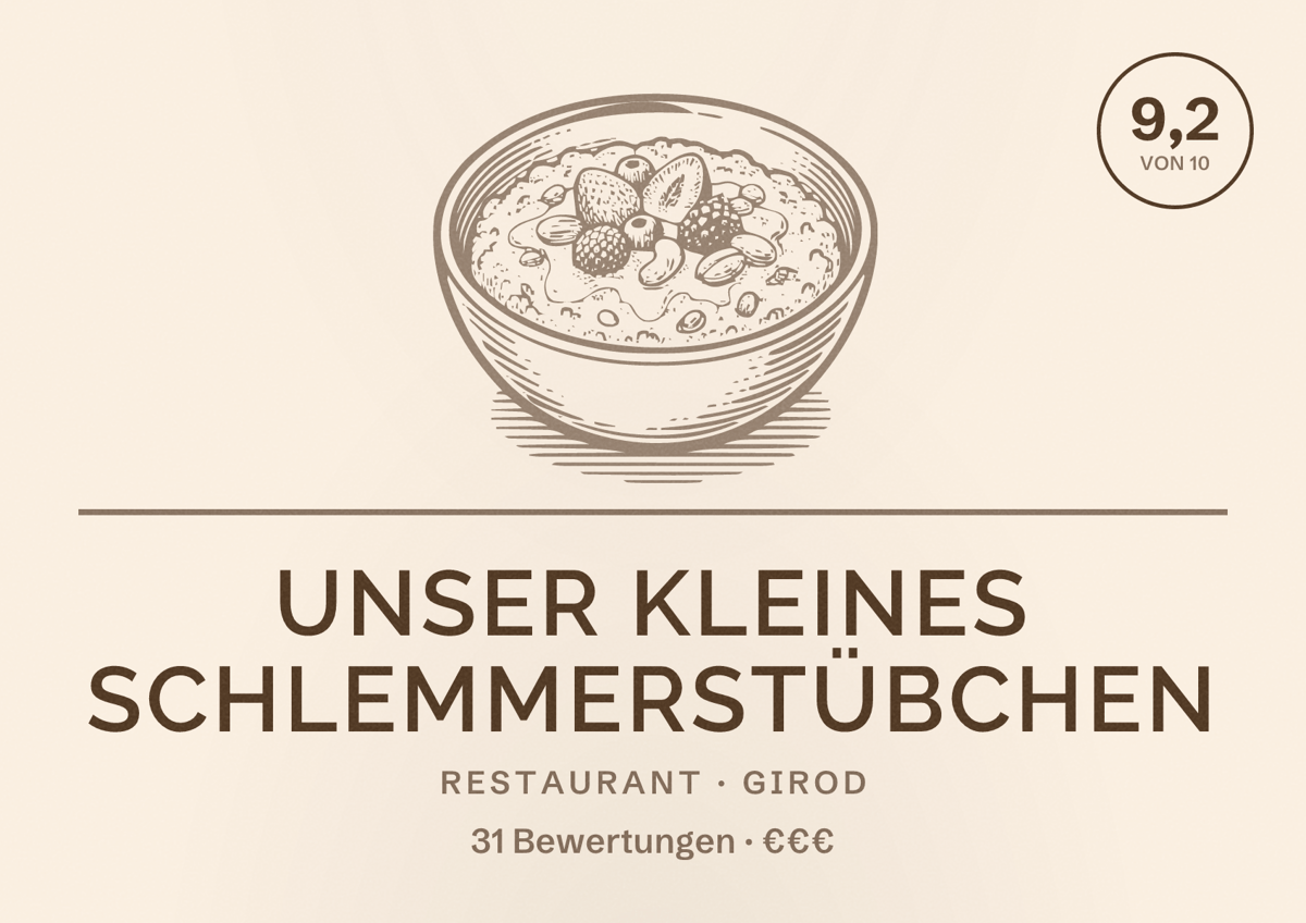 Illustriertes Poster von Unser kleines Schlemmerstübchen, Restaurant in Girod: Bewertung 9,2 von 10 aus 31 Bewertungen, Preisniveau €€€