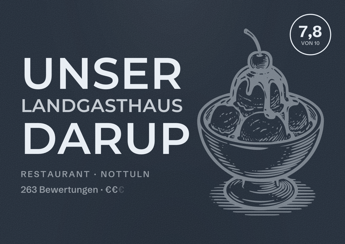 Illustriertes Poster von Unser Landgasthaus Darup, Restaurant in Nottuln: Bewertung 7,8 von 10 aus 263 Bewertungen, Preisniveau €€