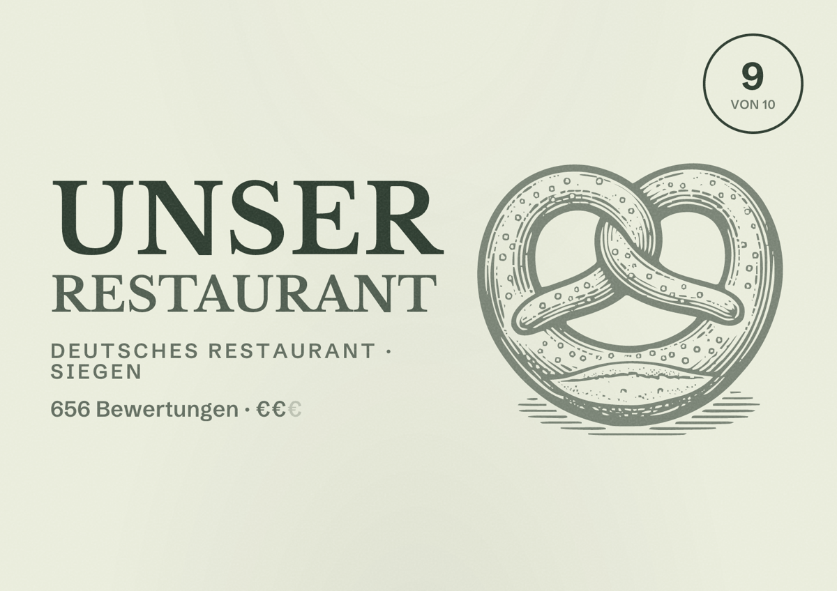 Illustriertes Poster von Unser Restaurant, Deutsches Restaurant in Siegen: Bewertung 9 von 10 aus 656 Bewertungen, Preisniveau €€